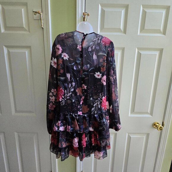 Ieena for Mac Duggal Long-Sleeve Ruffled Chiffon Floral Mini Dress Size 8 - Picture 5 of 14